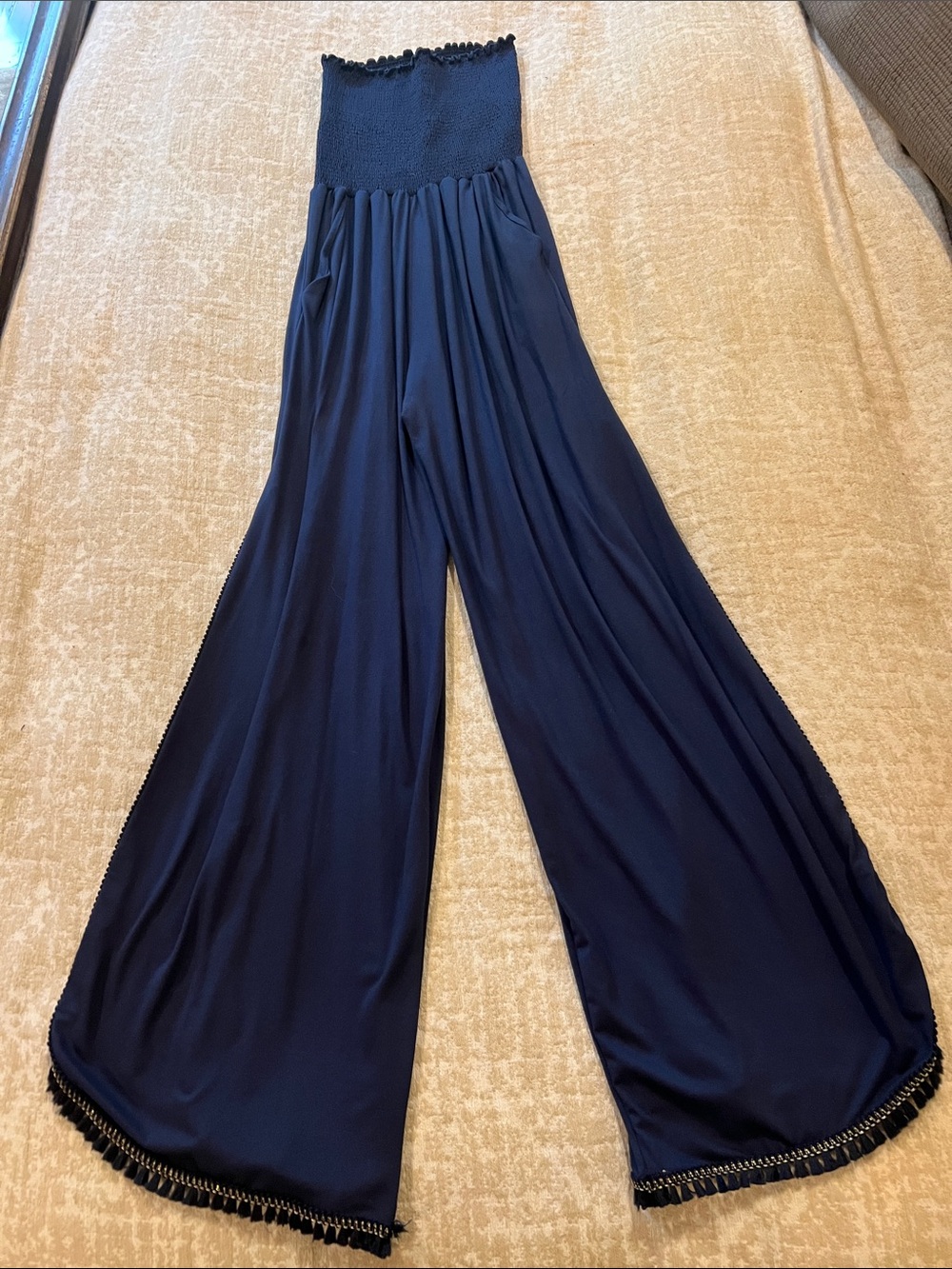 Peixoto Strapless Navy Wide-Leg Jumpsuit with Fringe Hem